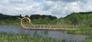 "Backflip Bridge", 2009. Wood. 550 x 1850 x 80 cm. Picherande, Massif du Sancy, France.